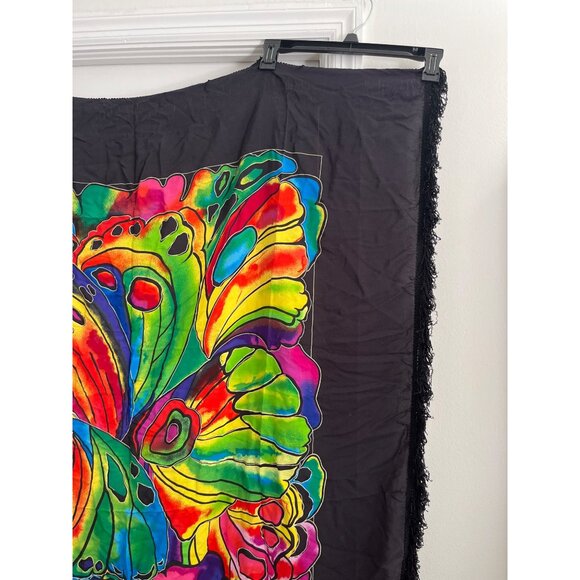 Cazimi Colorful Butterfly Print Sarong Wrap Beach Coverup Black Fringe Edges - Picture 4 of 7